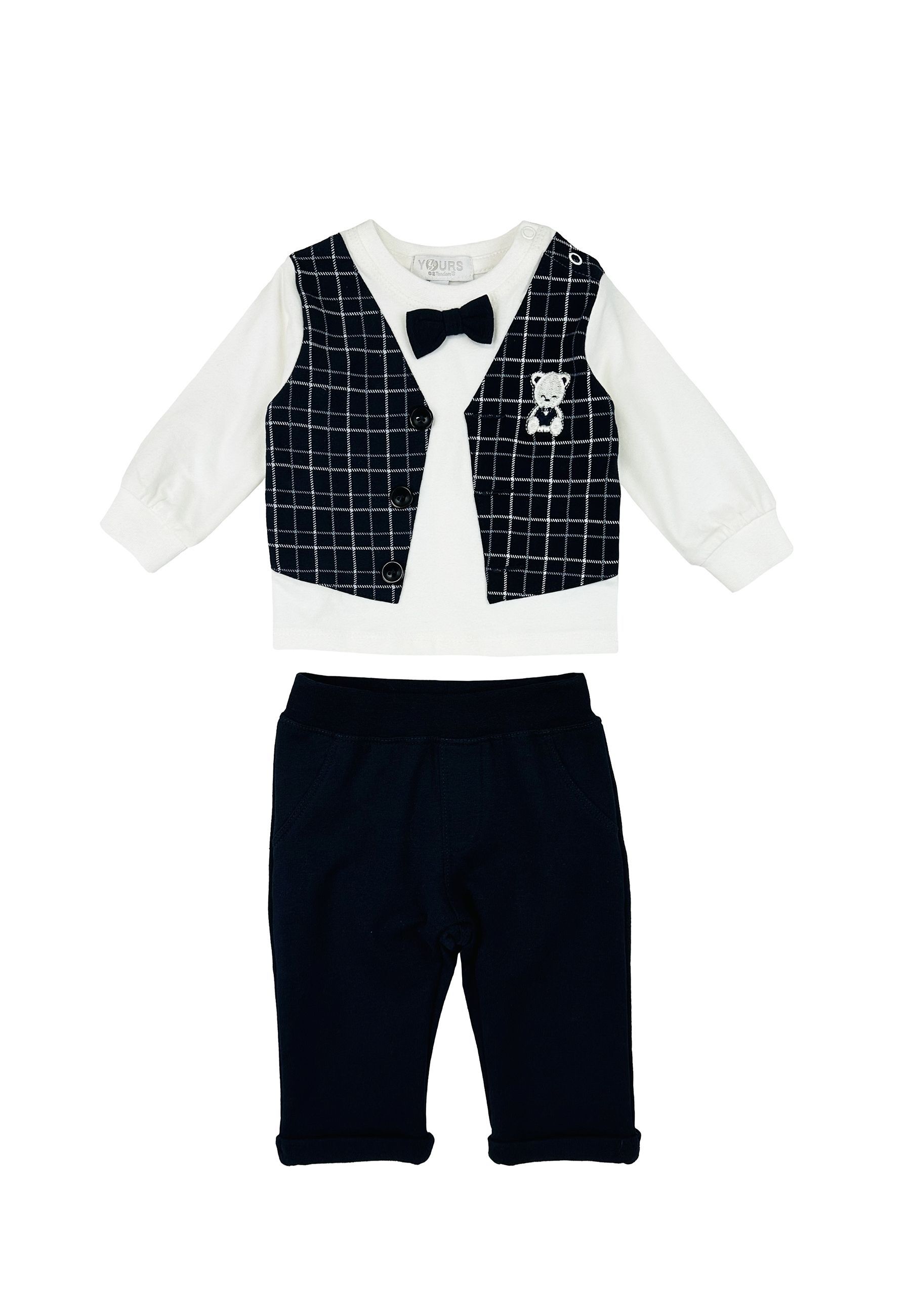 Tutina in cotone due pezzi bianca e blu con papillon