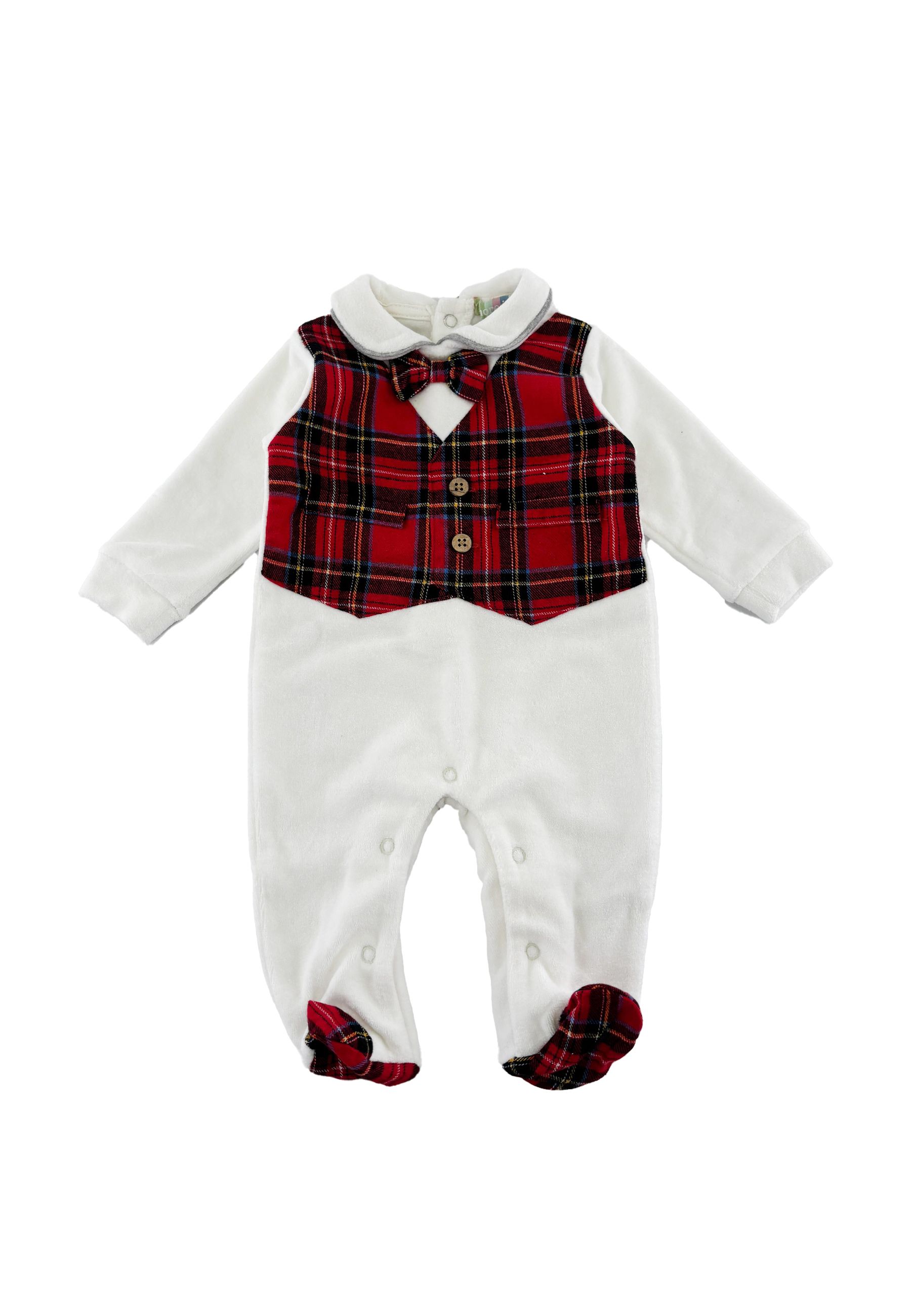 Tutina in ciniglia natalizia con gilet a scacchi e papillon