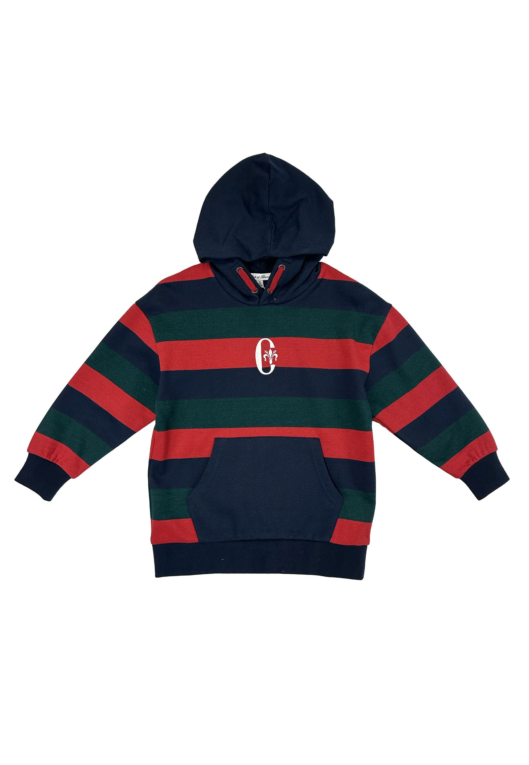 Felpa chiusa a righe blu e rosso con Cappuccio