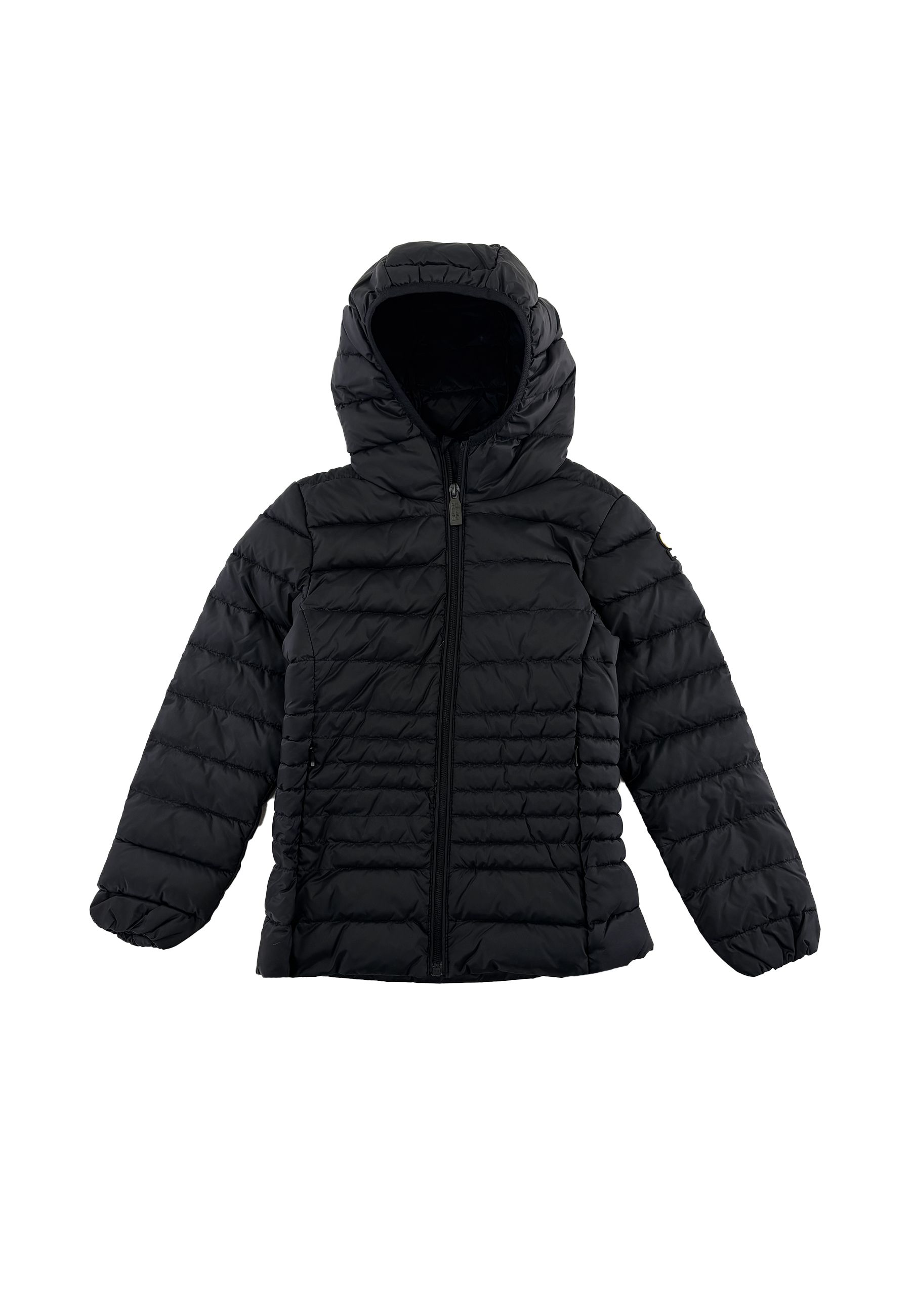 Piumino corto nero trapuntato fullzip con cappuccio