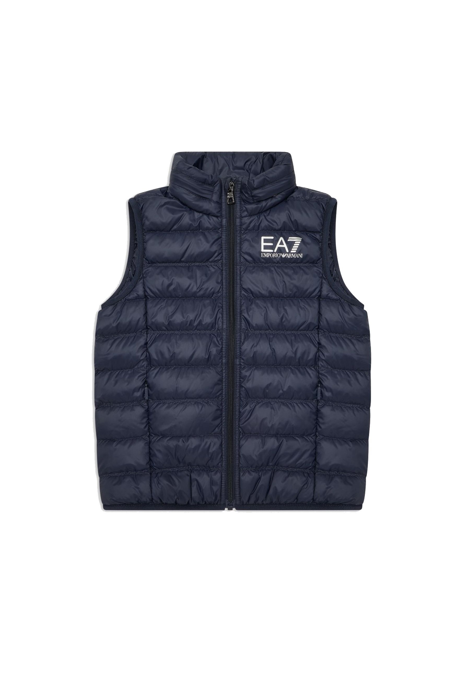 Smanicato Blu gilet imbottita in piuma in tessuto tecnico