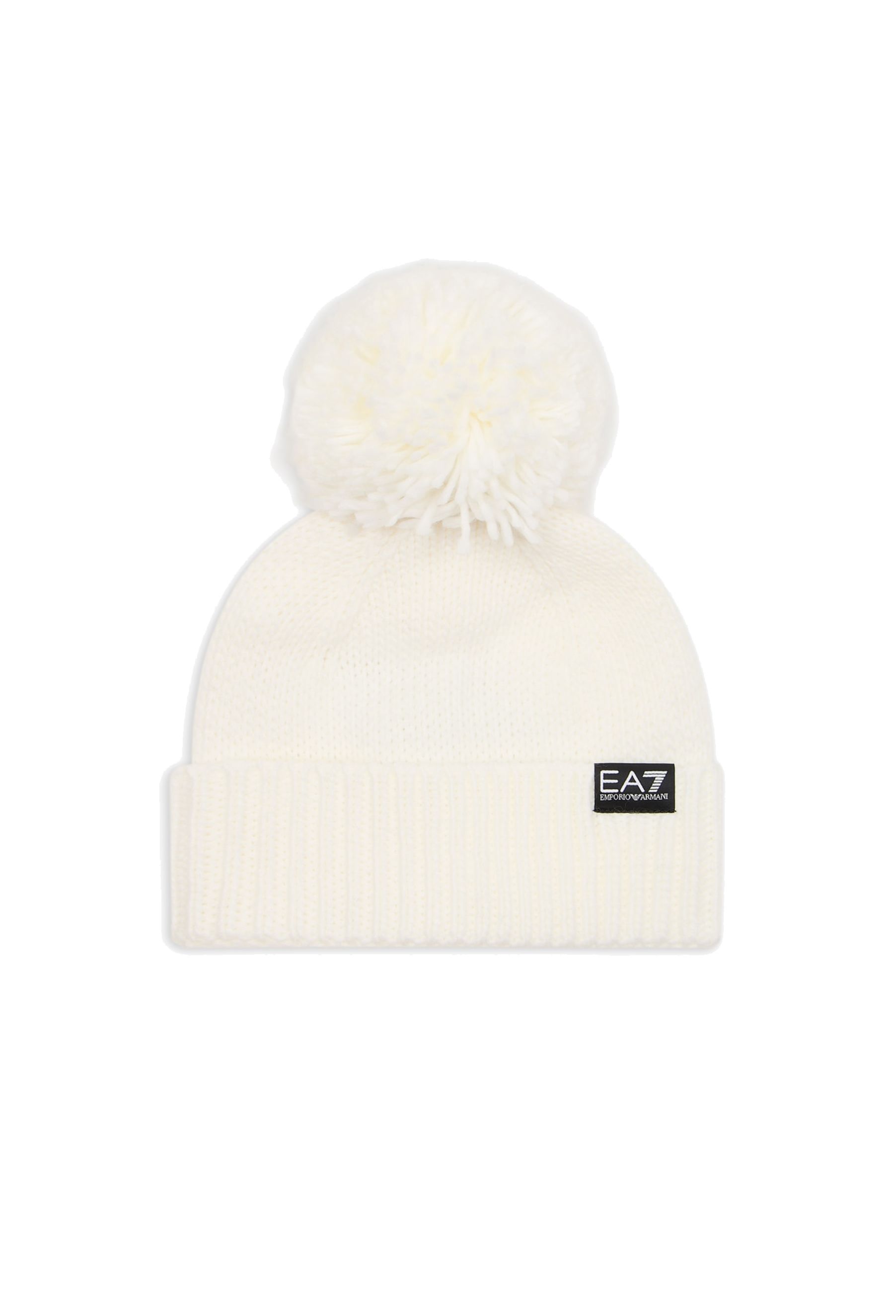 Cappello con risvolto in maglia bianca e pon pon