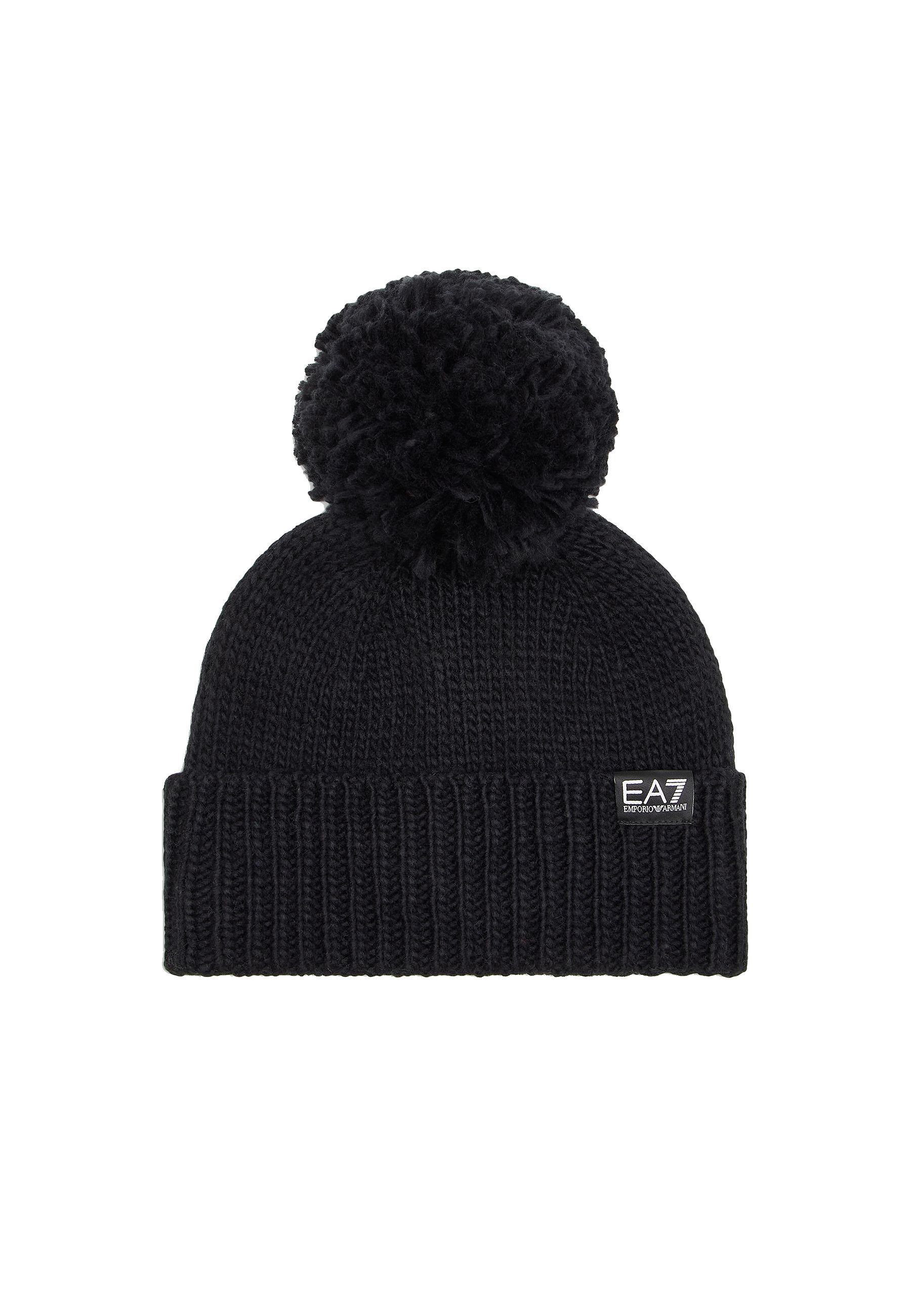 Cappello con risvolto in maglia bianca e pon pon