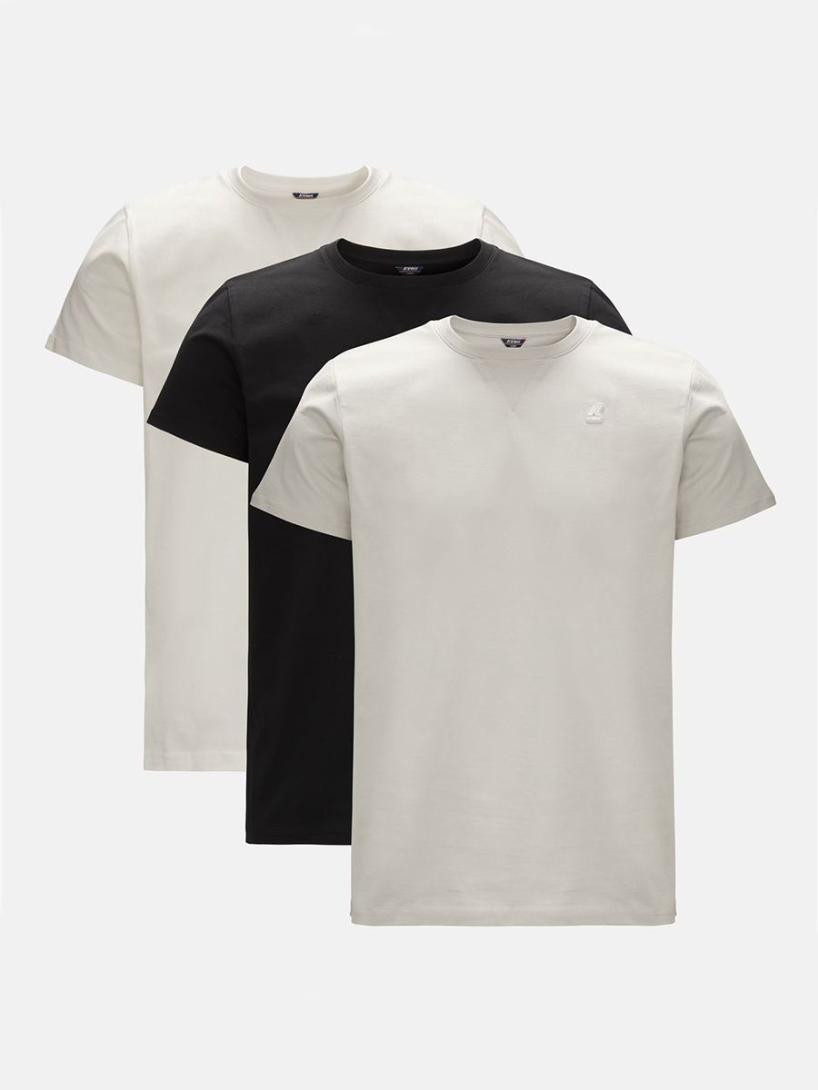 T-shirt set girocollo manica corta in cotone confezionata in busta da tre pezzi di colori diversi con Logo in patch di silicone K-way