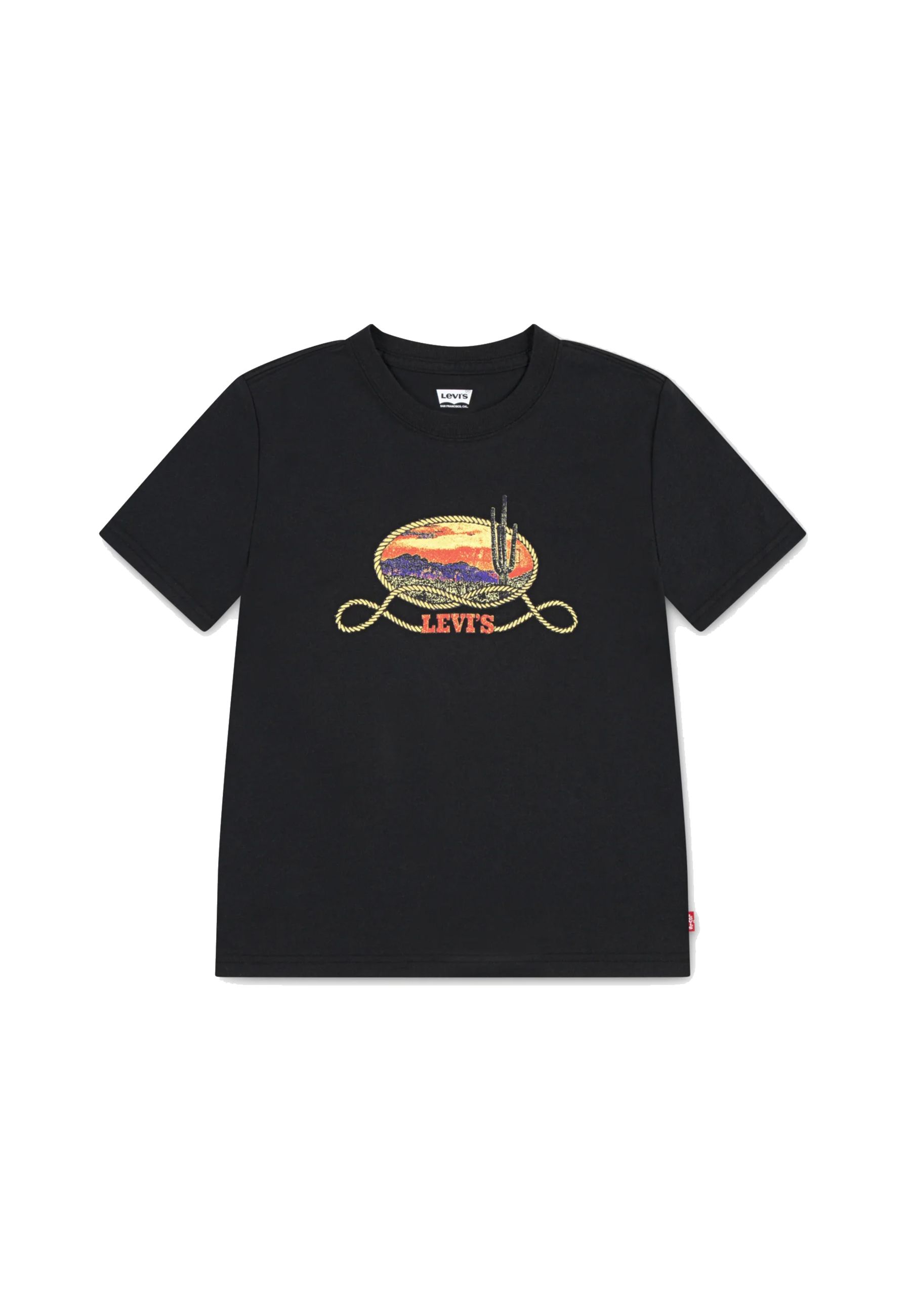 T-shirt girocollo nera con stampa cactus al tramonto