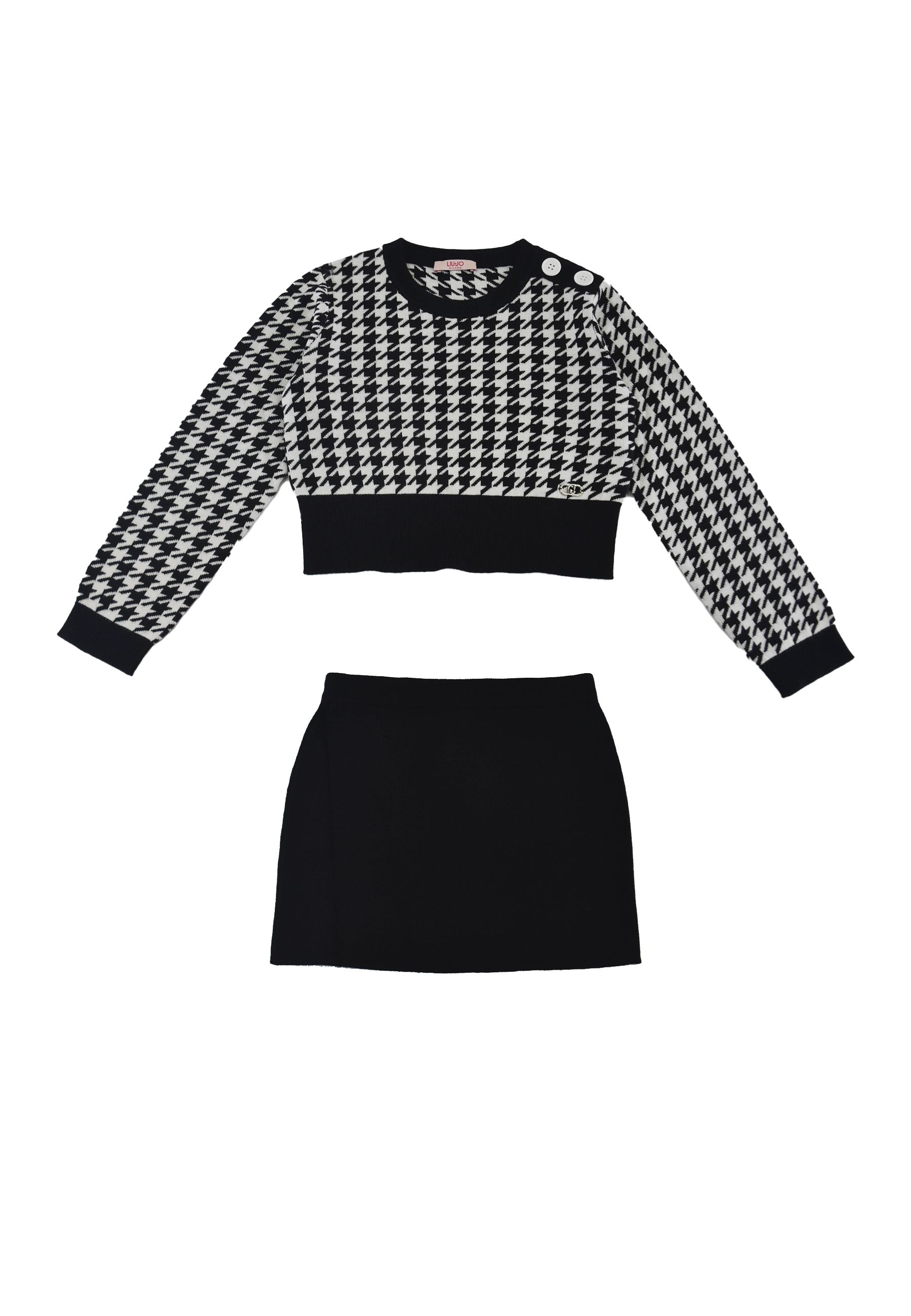 Completo Sportivo in maglia fantasia pied poule e gonna tinta unita