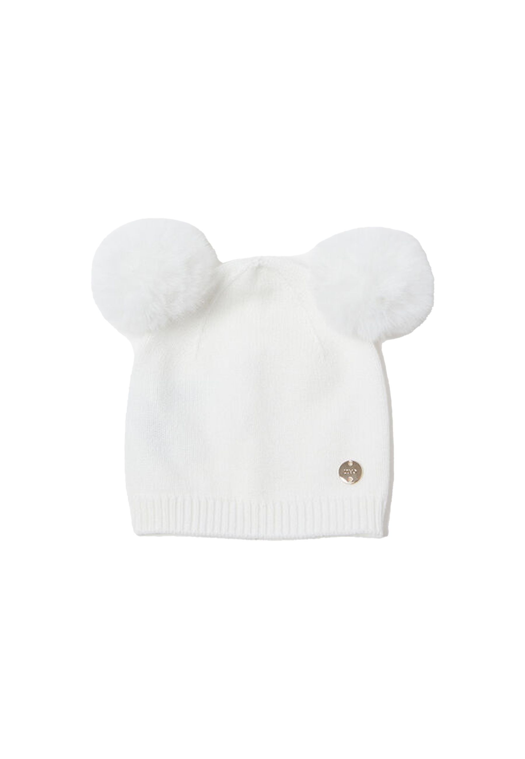 Cappello bianco in maglia lavorata da neonata con placchetta Logo