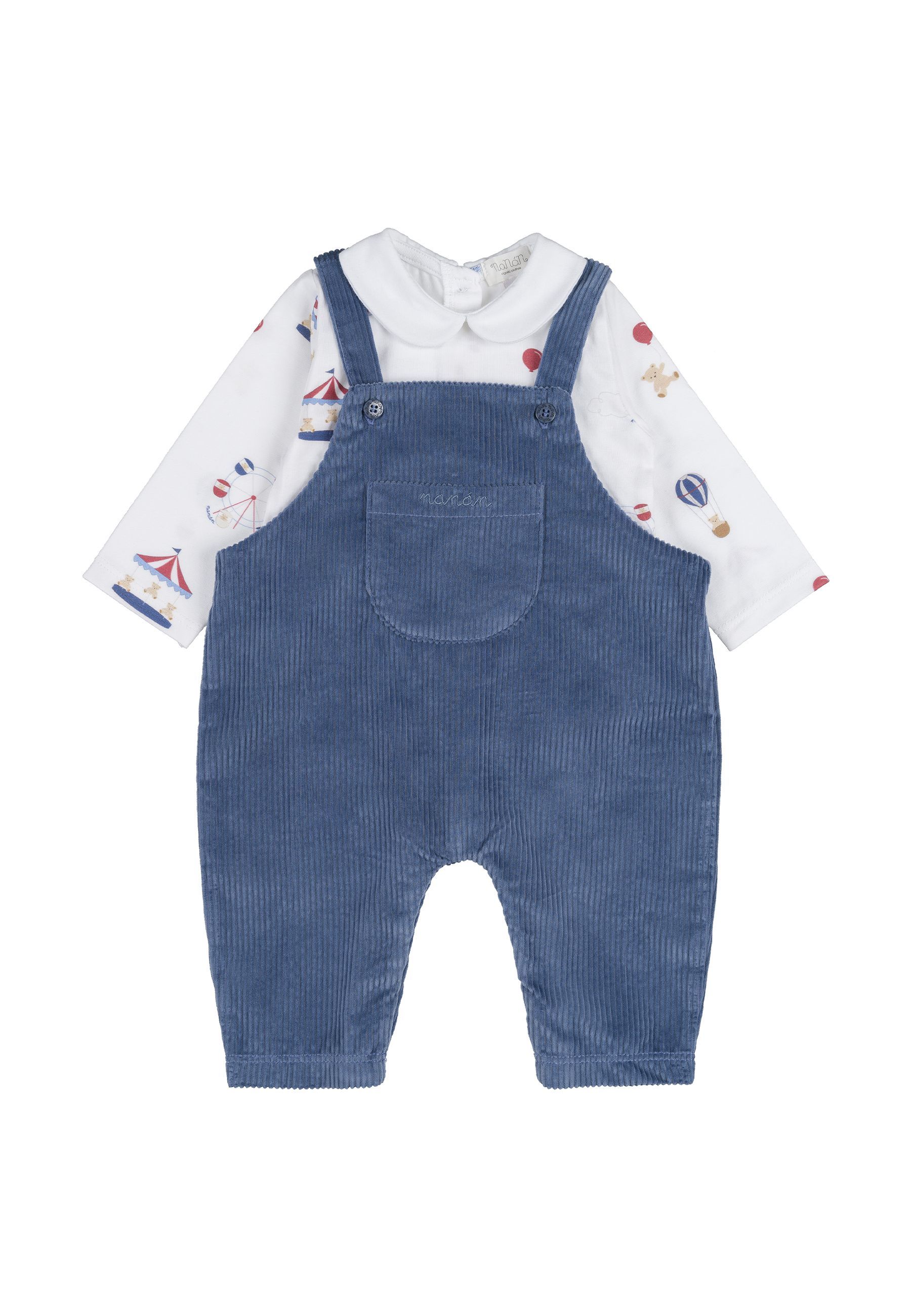 Tutina salopette azzurra in jersey con allover circus