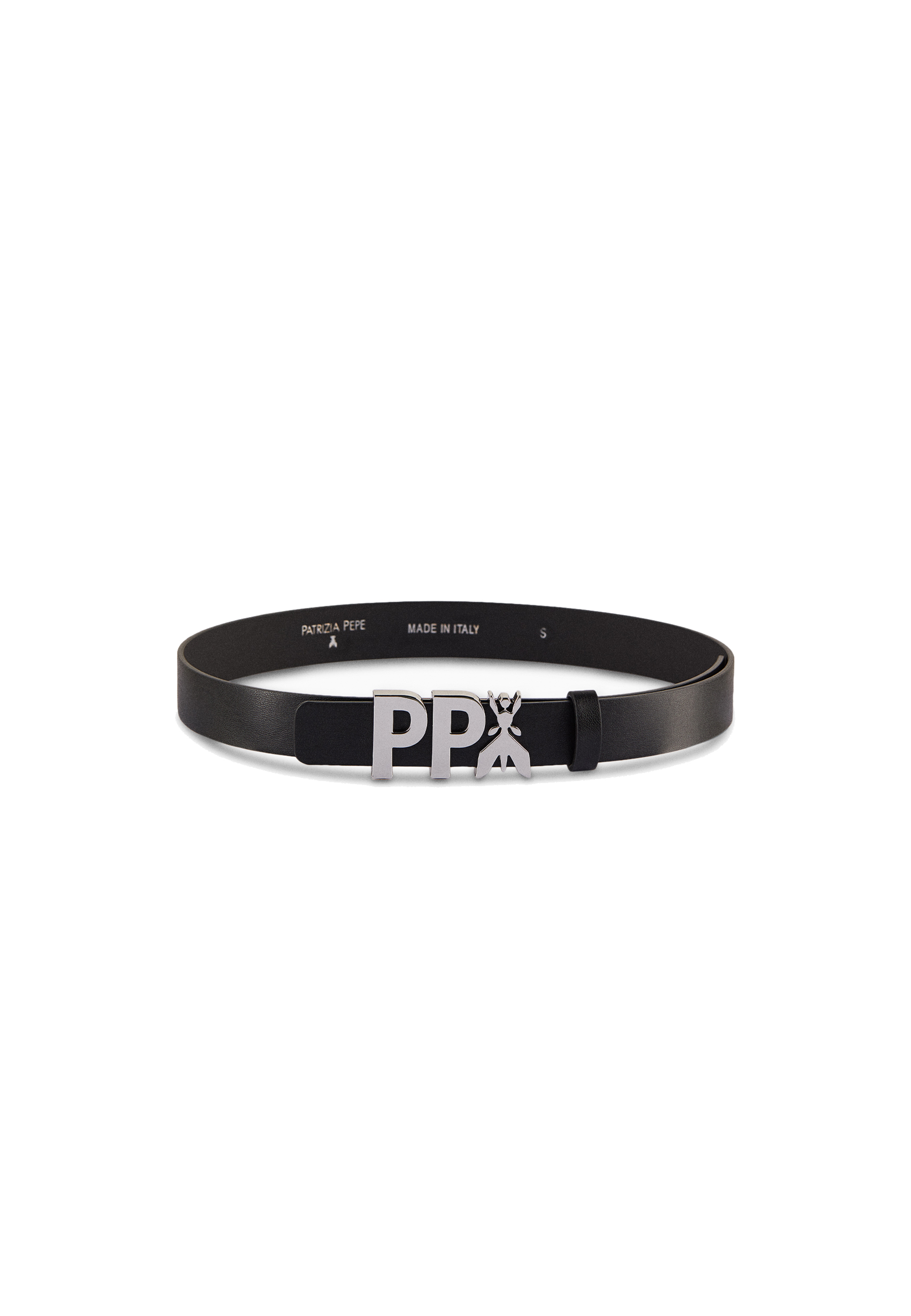 Cintura in ecopelle nera con logo silver